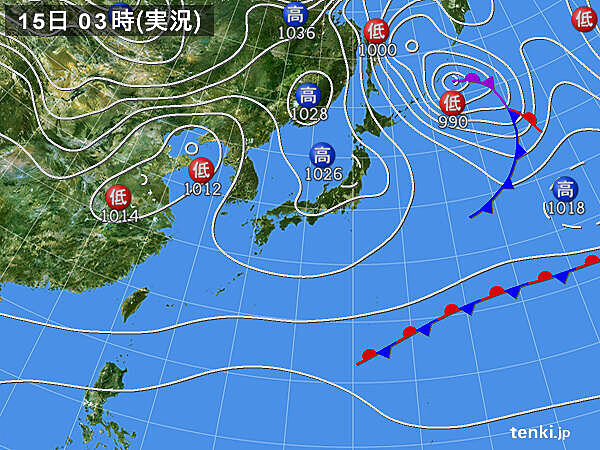 15日　晴れる所がほとんど　ただ　関東は曇りや雨でグッと寒く