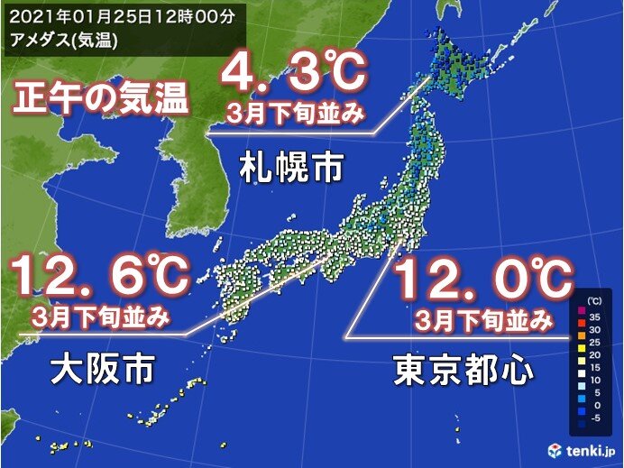 正午の気温3月並みに 朝との気温差 以上も 日直予報士 21年01月25日 日本気象協会 Tenki Jp