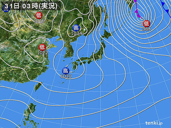 31日　広く晴れ　北陸以北の天気も回復　ただ　晴天は長続きせず