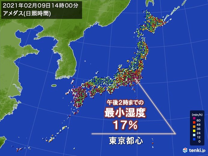 関東甲信 空気カラカラ 東京都心など最小湿度10パーセント台 気象予報士 日直主任 21年02月09日 日本気象協会 Tenki Jp