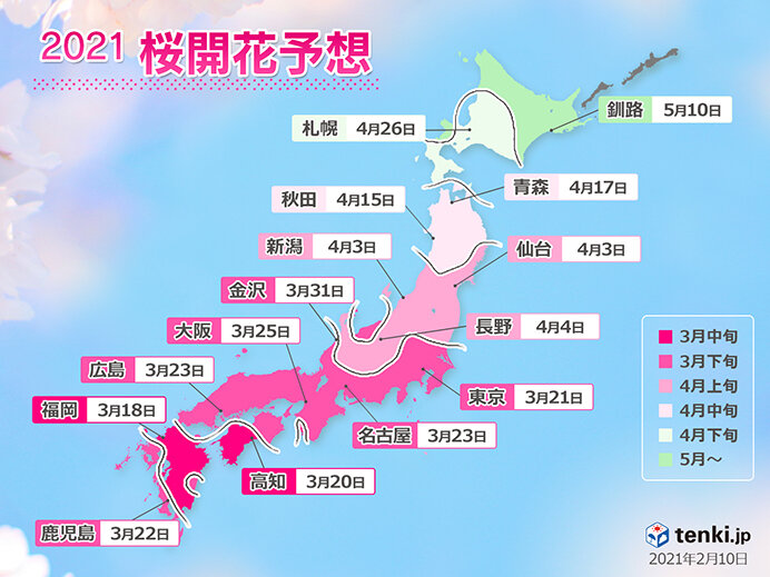 21年桜開花予想 全国的に平年より早く トップは福岡で3月18日 気象予報士 吉田 友海 21年02月10日 日本気象協会 Tenki Jp