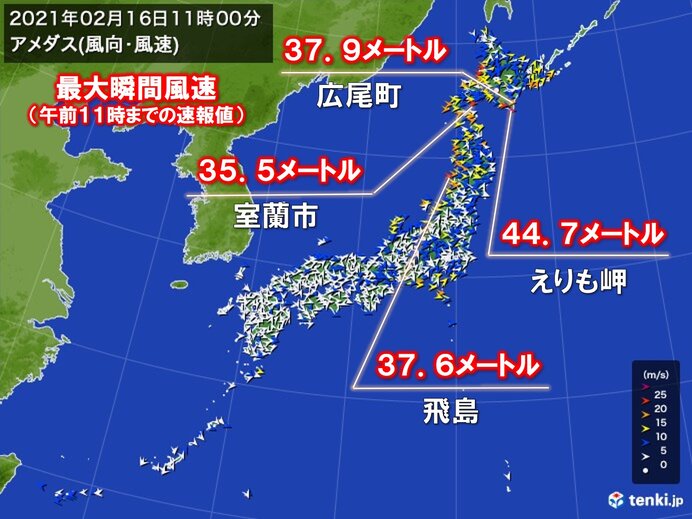 えりも岬で最大瞬間風速44 7メートル 日本海側中心に猛吹雪 暴風警戒 日直予報士 2021年02月16日 日本気象協会 Tenki Jp