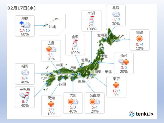 ほぼ全国的に真冬並みの寒さ