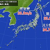 北日本で30メートル超の暴風　北陸で3時間に18センチの降雪も