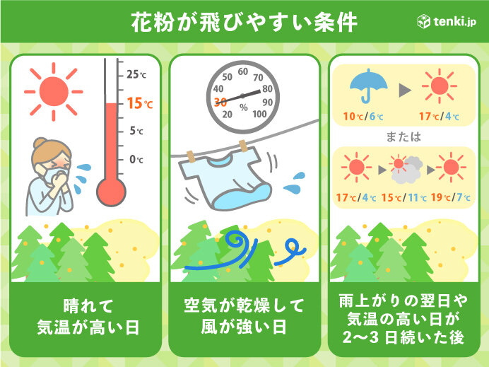 花粉が飛びやすい条件　そろってしまいます