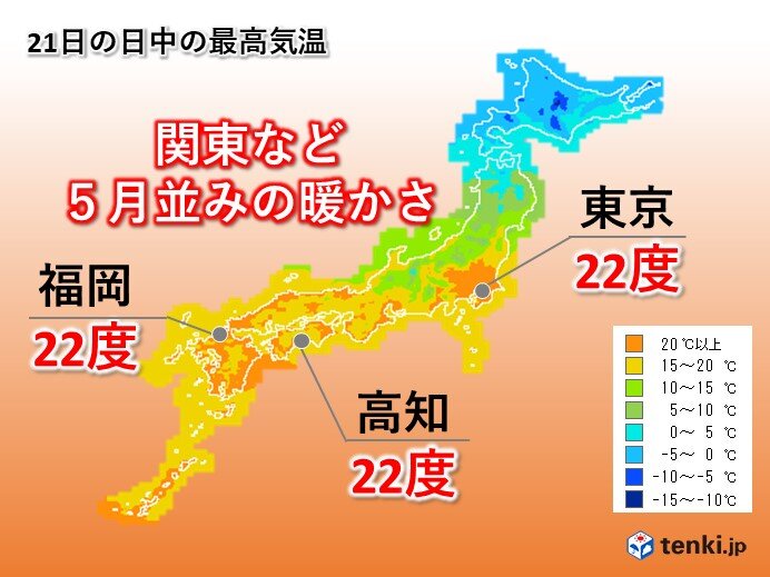 5月並みの暖かさも　九州から関東で最高気温20度超え続出　花粉飛散注意