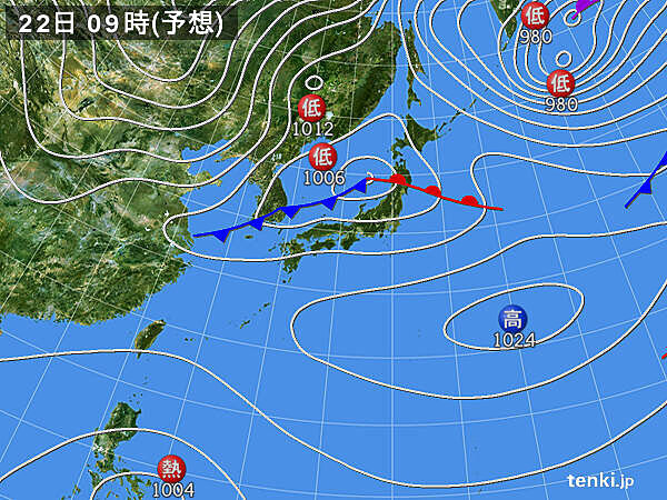 22日　東北北部を低気圧が通過　低気圧の南側は春の空気
