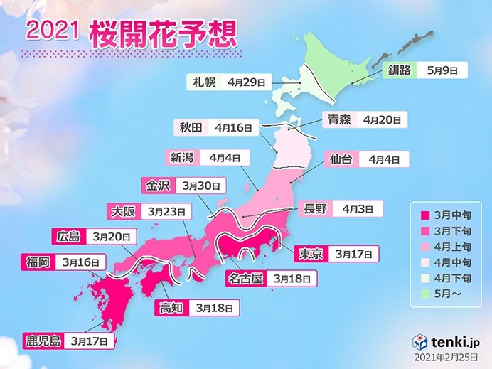 2021年桜開花予想　トップは福岡など3月16日　東京3月17日