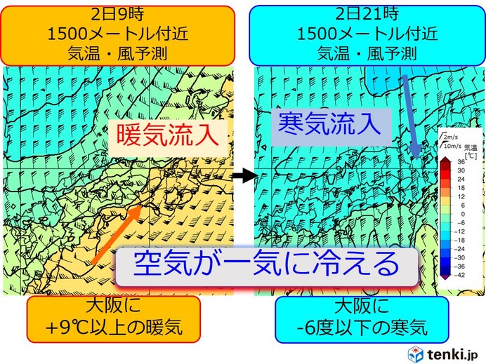 明日2日　午後は急速に空気が冷える