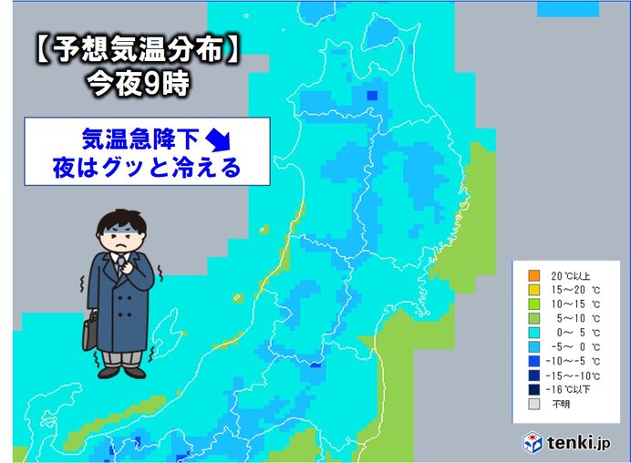 気温急降下　東北日本海側を中心に雪へ変わる所も
