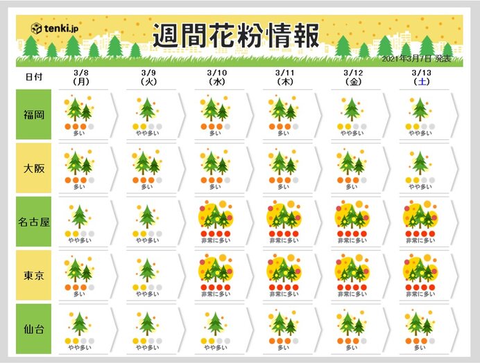 スギ花粉 今が最盛期 非常に多く飛ぶ日も ピーク越えるのはいつ 日直予報士 21年03月07日 日本気象協会 Tenki Jp