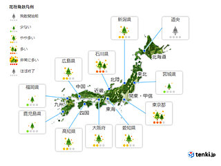 12日(金)　花粉飛散情報　西日本は雨で落ち着く　東日本は多いところも