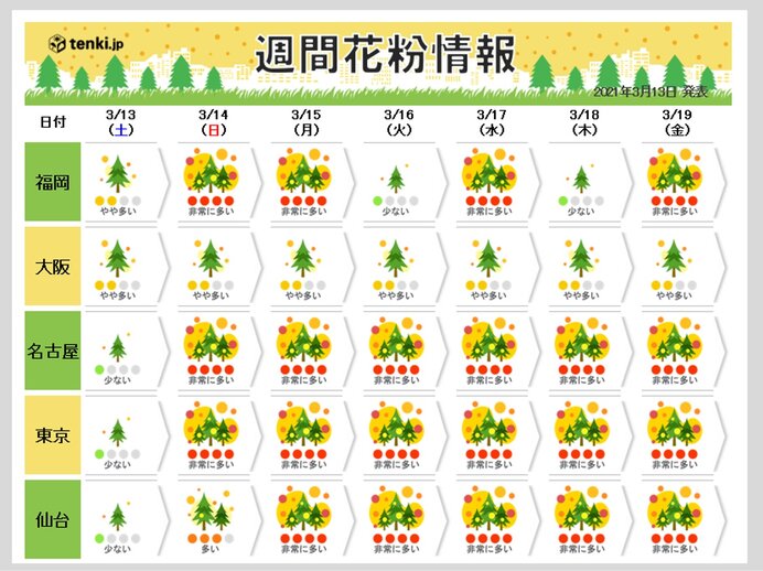 スギ花粉に加え 都内などヒノキ花粉の飛散始まる 日曜以降は大量飛散注意 気象予報士 吉田 友海 21年03月13日 日本気象協会 Tenki Jp