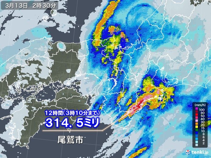 三重県 12時間で300ミリ以上の大雨 3月としては記録的に(日直予報士 2021年03月13日) - 日本気象協会 tenki.jp - tenki.jp