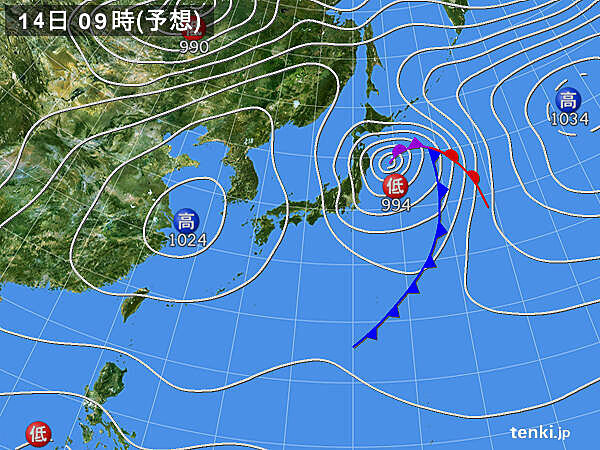 低気圧が三陸沖へ