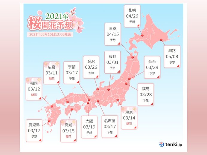 下旬には北陸や東北南部も桜開花へ