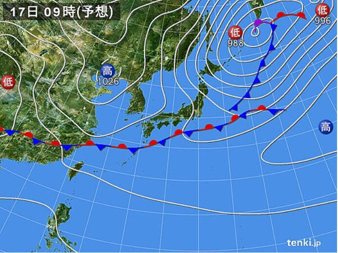 あす　広く晴れるが　風が強い