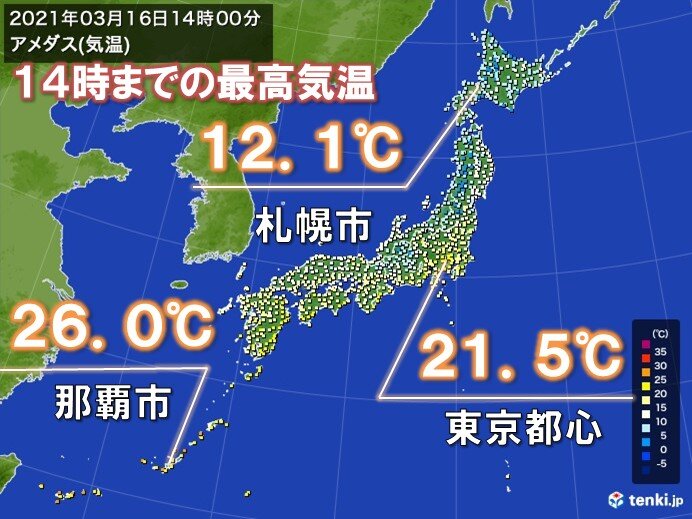 東京都心5月上旬並みの気温 札幌で今年初めて10 超 那覇は25 超 気象予報士 日直主任 21年03月16日 日本気象協会 Tenki Jp