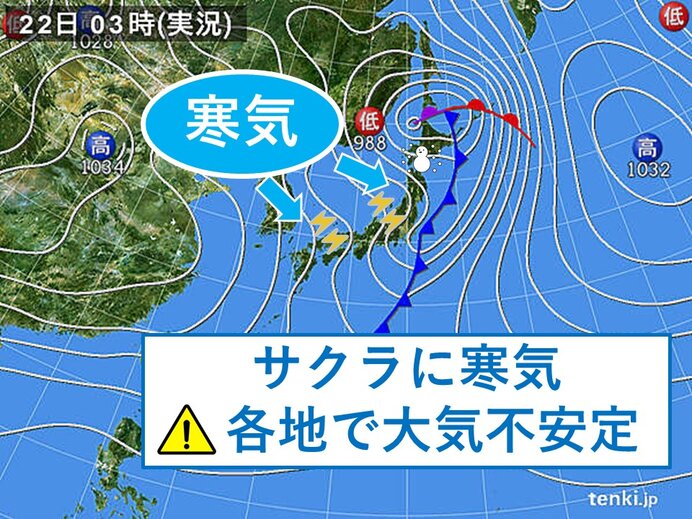 22日　寒気の影響で大気不安定　雨や雪、雷雨　花冷えの所も