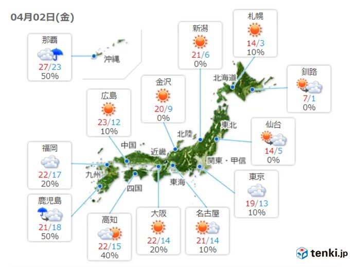 2日　穏やかに晴れる所多い　西日本には雨雲も　奄美・沖縄は局地的に激しい雨