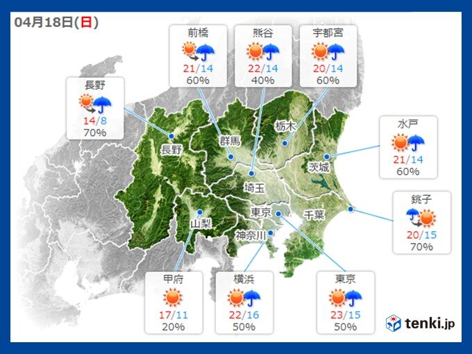 18日　日中は気温上昇　気温が25℃近くまで上がる所も?