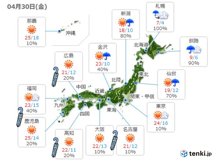 九州や関東などで夏日も　にわか雨に注意