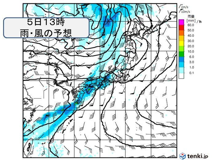 5日(水)　前線通過で大気の状態が不安定　広く雨　荒天の恐れ