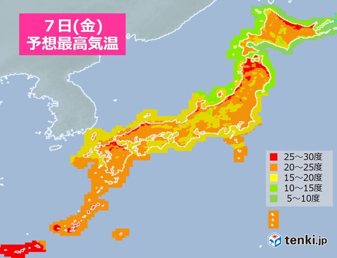 7日　関東以西は所々で雨　暑さ和らぐ　北陸以北は気温上昇　北海道で夏日も