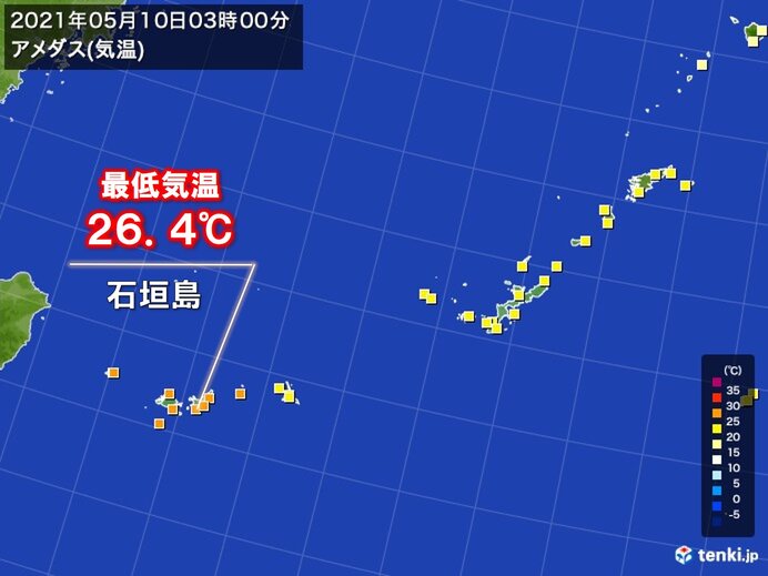 沖縄では先週末から寝苦しい夜が続く 所々で最低気温25 以上 気象予報士 日直主任 21年05月10日 日本気象協会 Tenki Jp