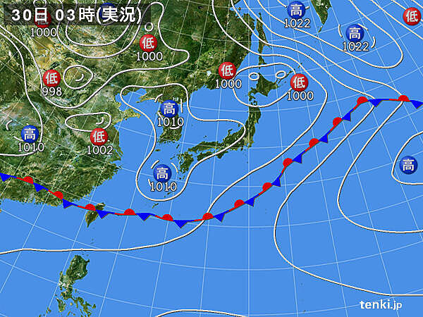 各地の天気 北と南ほど雨雲が湧きやすい