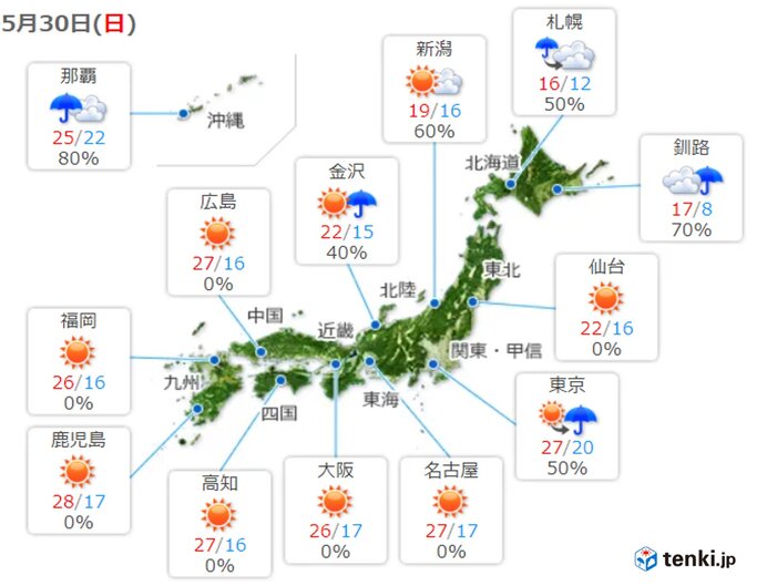 30日　北海道と東北は曇りや雨の所が多い　関東甲信や北陸も突然の雨に注意　雷雨も