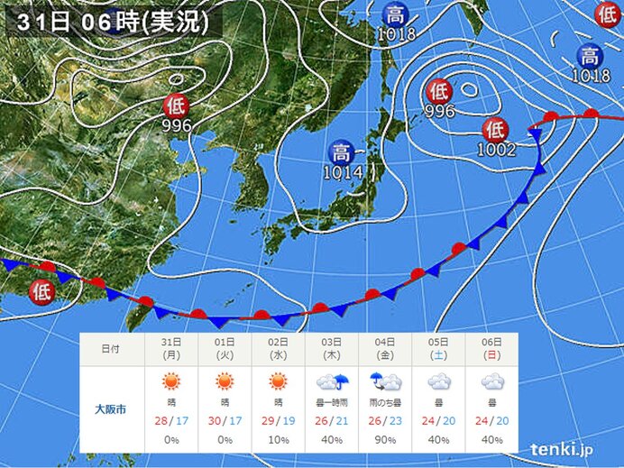 関西　水曜日までは晴れて真夏日の所も　次の雨は木曜日