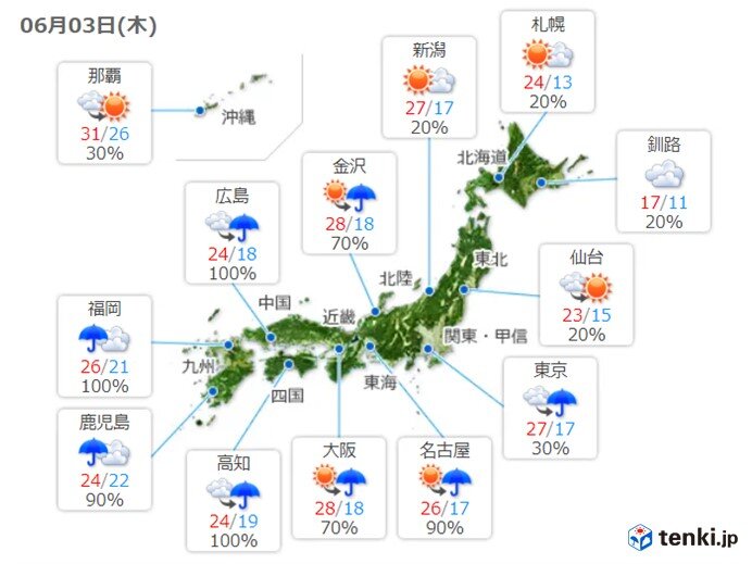 3日(木)九州は非常に激しく降る所も　本州付近も天気下り坂