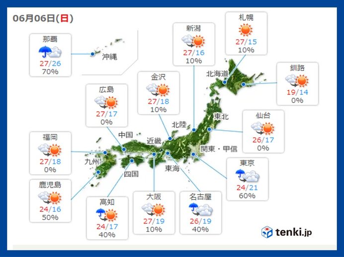 きょうの天気 沖縄は激しい雨や雷雨 北海道も天気の急変に注意 近畿 関東も傘を 21年6月6日 Biglobeニュース