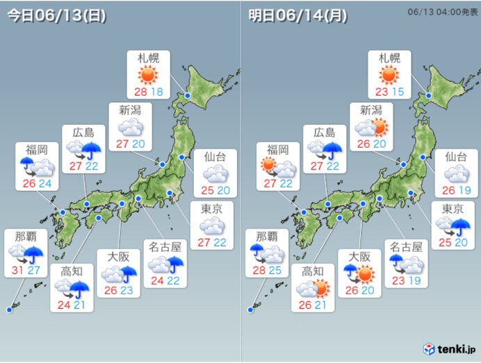 13日(日)の天気　激しい雨や雷雨に注意　全国的に大気の状態が不安定