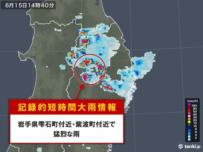 岩手県雫石町付近・紫波町付近で猛烈な雨　「記録的短時間大雨情報」