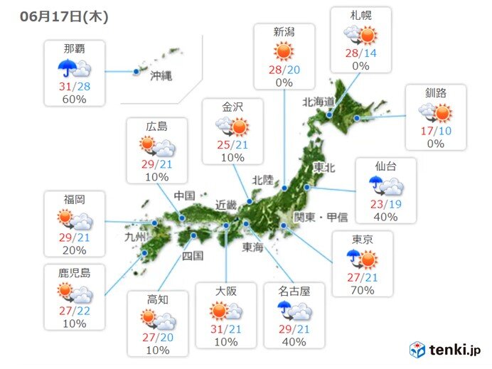 17日　晴れ間が出ても午後は空模様の変化に注意　局地的に激しい雨や雷雨も