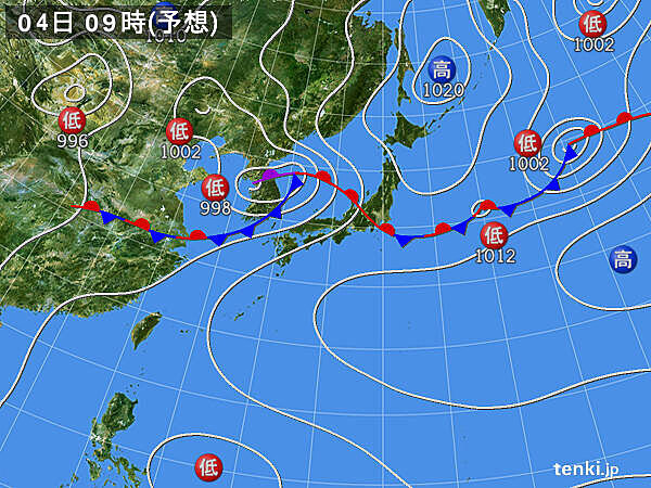 前線が北上　前線上の低気圧が日本海を東進