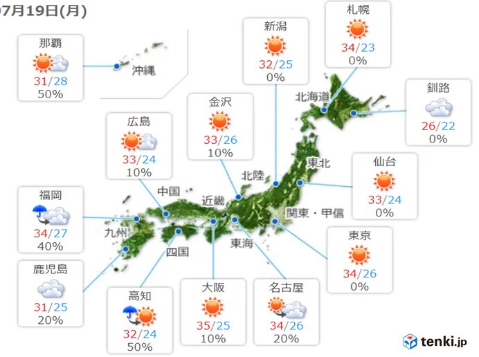 強い日差し　四国も梅雨明けか　局地的に雨雲や雷雲が発達