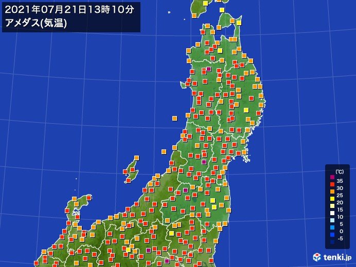 秋田県大館市35度超　7月に5日連続猛暑日は県内初　東北は今日も熱中症と大雨警戒