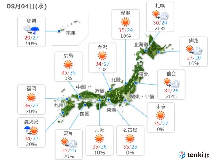 九州から東北は晴れて強い日差し　午後は天気急変