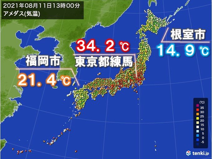 東京都練馬で35℃　福岡は10月下旬並みの涼しさ　真夏と秋が同居