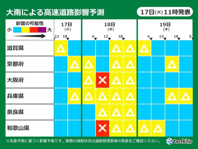 関西　19日木曜日ごろまでは大雨の恐れ　道路への影響が大きくなる所も!