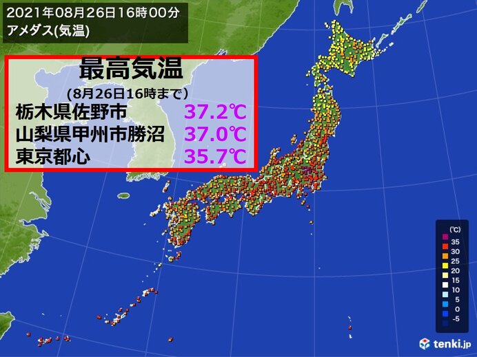 8月下旬に 最高気温37 台や今年1番の所も 真夏日地点は19日ぶり600以上 気象予報士 日直主任 21年08月26日 日本気象協会 Tenki Jp