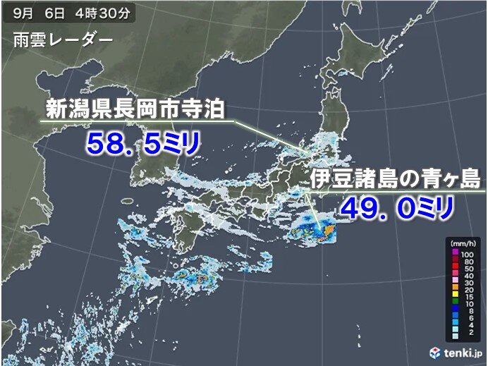 新潟県で1時間に50ミリ以上の非常に激しい雨 午後も雨雲や雷雲発達(気象予報士 日直主任 2021年09月06日) - tenki.jp