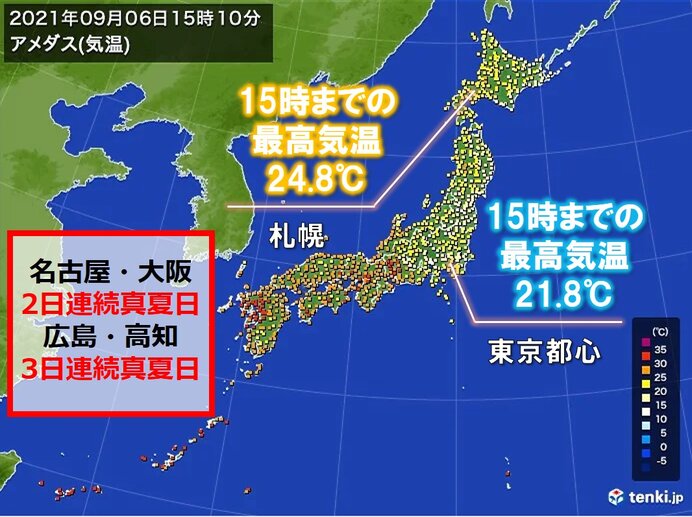 東京都心は6日連続で札幌より涼しく 名古屋 大阪 広島 高知など連続で真夏日 気象予報士 日直主任 21年09月06日 日本気象協会 Tenki Jp