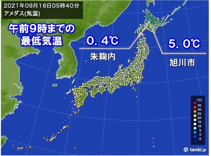 今朝も北海道は冷え込む　最低気温0℃台の所も　旭川市は5.0℃　東北もヒンヤリ