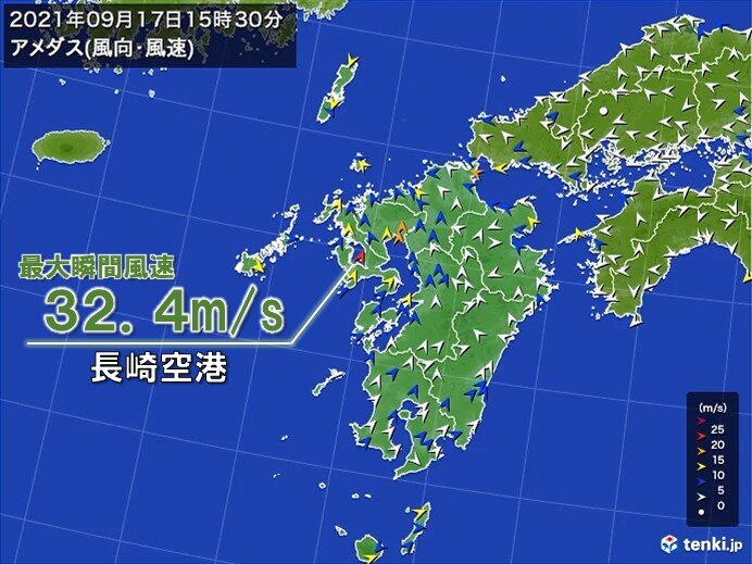 台風14号 九州北部に上陸へ 周辺では 非常に強い 風を観測 気象予報士 日直主任 21年09月17日 日本気象協会 Tenki Jp