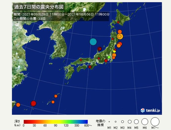 ここ1週間の地震回数 6日未明に青森県で最大震度5強 1週間程度注意 気象予報士 日直主任 21年10月06日 日本気象協会 Tenki Jp