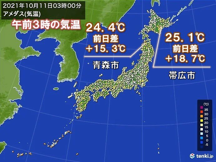 午前3時の気温　きのうより15℃以上アップも　北海道でも太平洋側で25℃以上